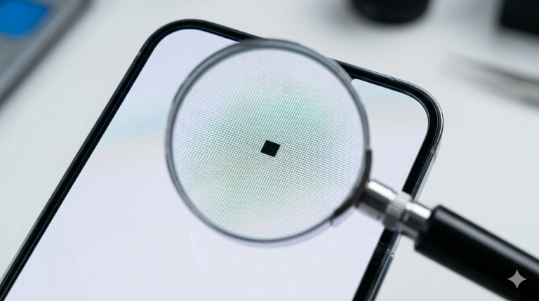 Close-up of a black dead pixel on a smartphone screen viewed through a magnifying glas