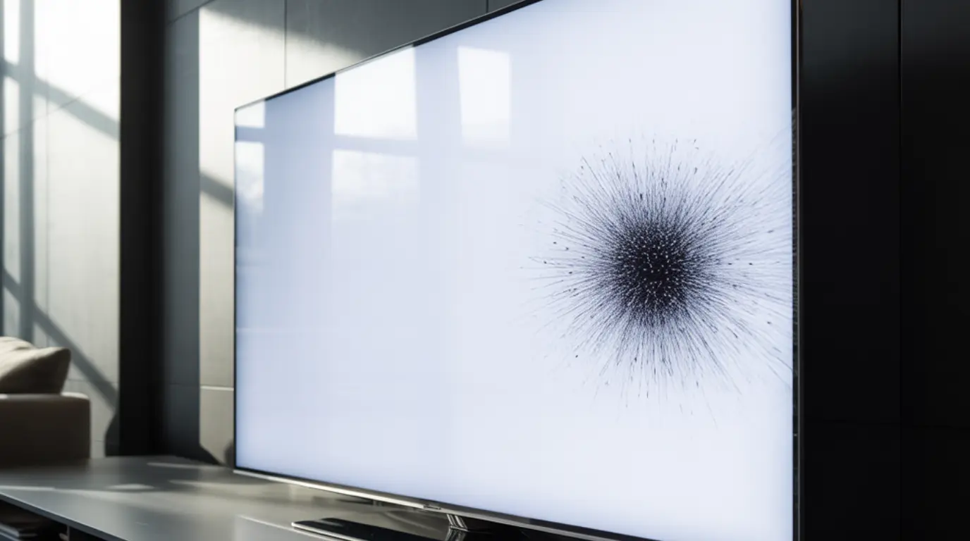 A Samsung flatscreen TV powered on with a visible black dot on the white screen, showing a common TV display defect.