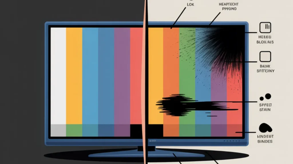 Split-screen illustration comparing a healthy TV panel with five types of black spot and pixel damage patterns.