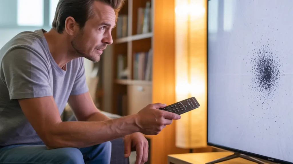 A man sitting on a sofa closely examining a black dot on his TV screen while holding the remote control.