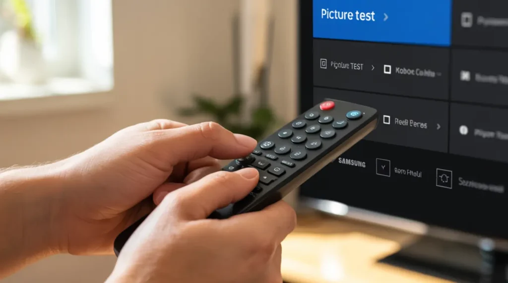 A person pressing the settings button on a TV remote to access the pixel refresh fix option on a Samsung television.