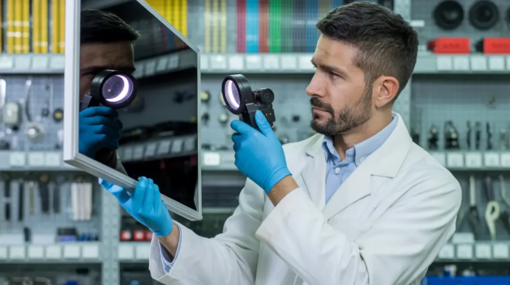 A professional TV repair technician in a white lab coat inspecting a flatscreen panel for black dot damage using a magnifying loupe.