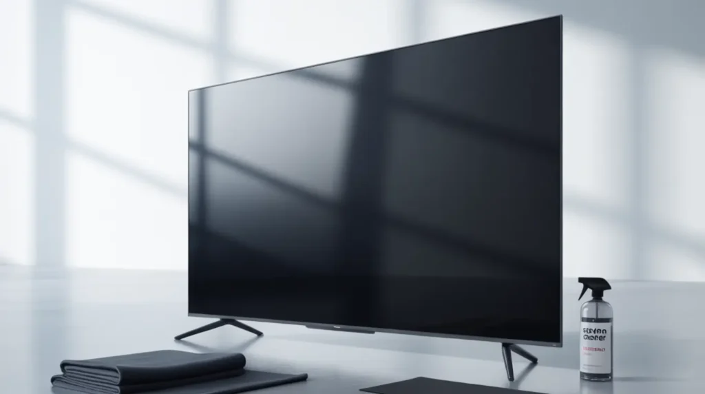 A flatscreen TV displayed on a grey floor beside a microfiber cleaning cloth and screen protector accessories for TV care and prevention.