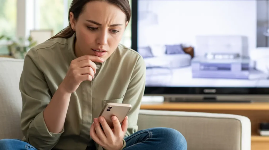 A woman sitting on a sofa looking at her phone to find answers about a black dot problem on her TV screen visible in the background.