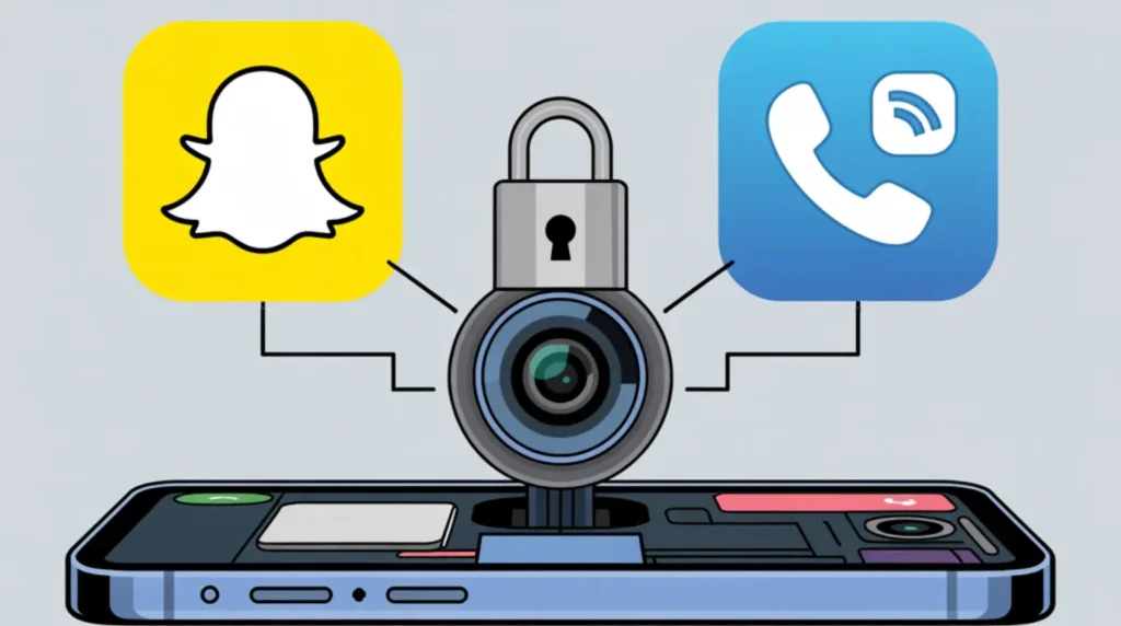 Diagram showing two apps competing for camera access causing a black snap screen issue on a smartphone.