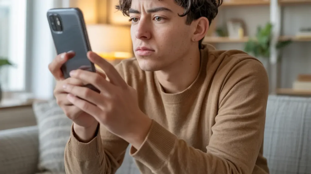 Person examining a black snap screen on their phone trying to diagnose the Snapchat camera problem at home.