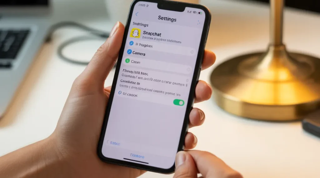 Hands adjusting Snapchat camera permissions in iPhone Settings to fix the black snap screen problem.