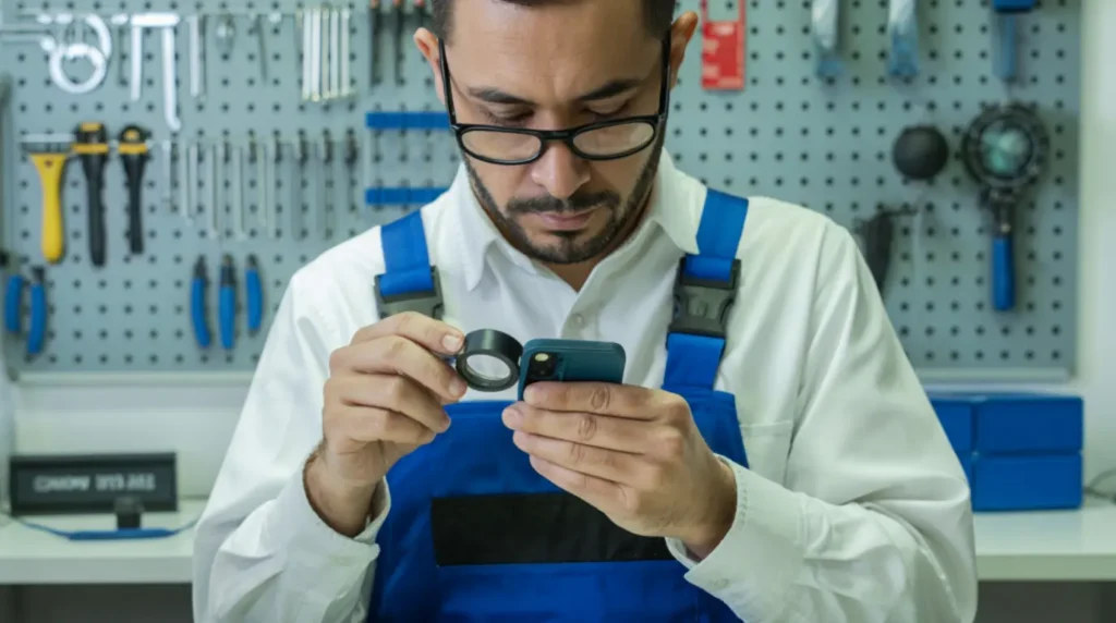 Professional mobile technician examining a smartphone for hardware issues behind a black snap screen.