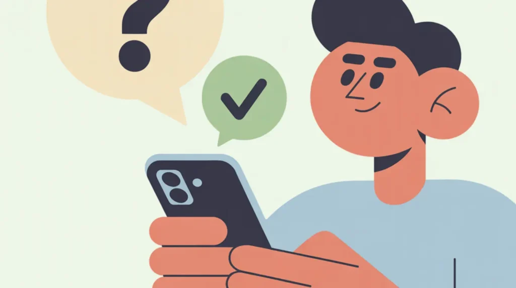 Illustration of person with question about black snap screen receiving a helpful answer on their smartphone.