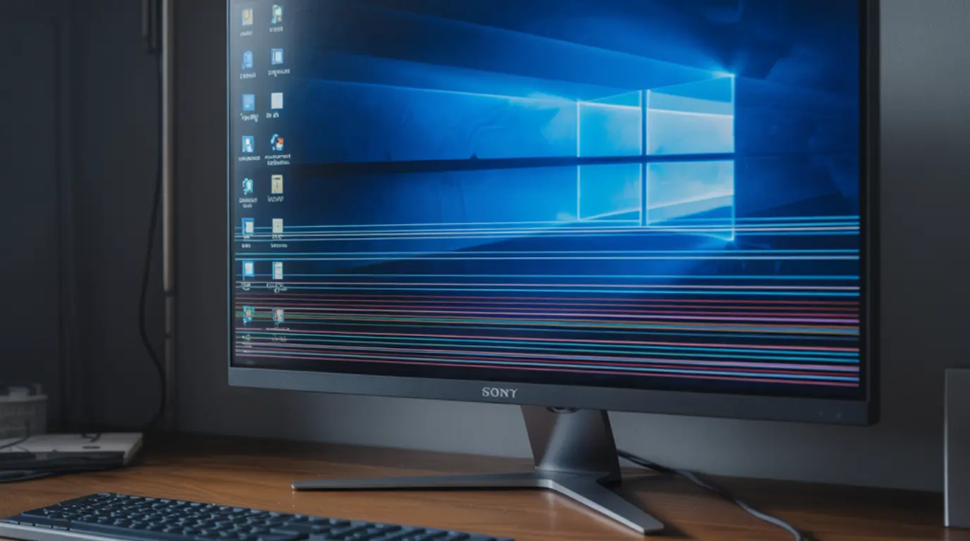 A desktop computer monitor on a dark office desk showing a visible flickering glitch strip at the bottom of the screen.