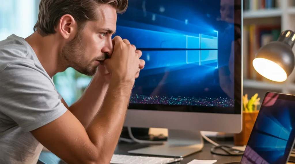 A man closely examining a desktop monitor with bottom screen flickering while comparing it to a second display as a diagnosis step.