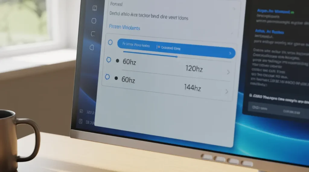 A desktop monitor screen showing Windows Advanced Display Settings with the refresh rate dropdown open as a fix for bottom screen flickering.