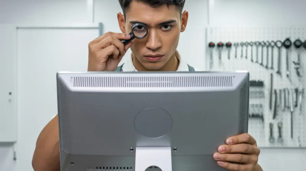 A repair technician holding a desktop monitor and inspecting the bottom edge with a magnifying loupe in a professional screen repair workshop.