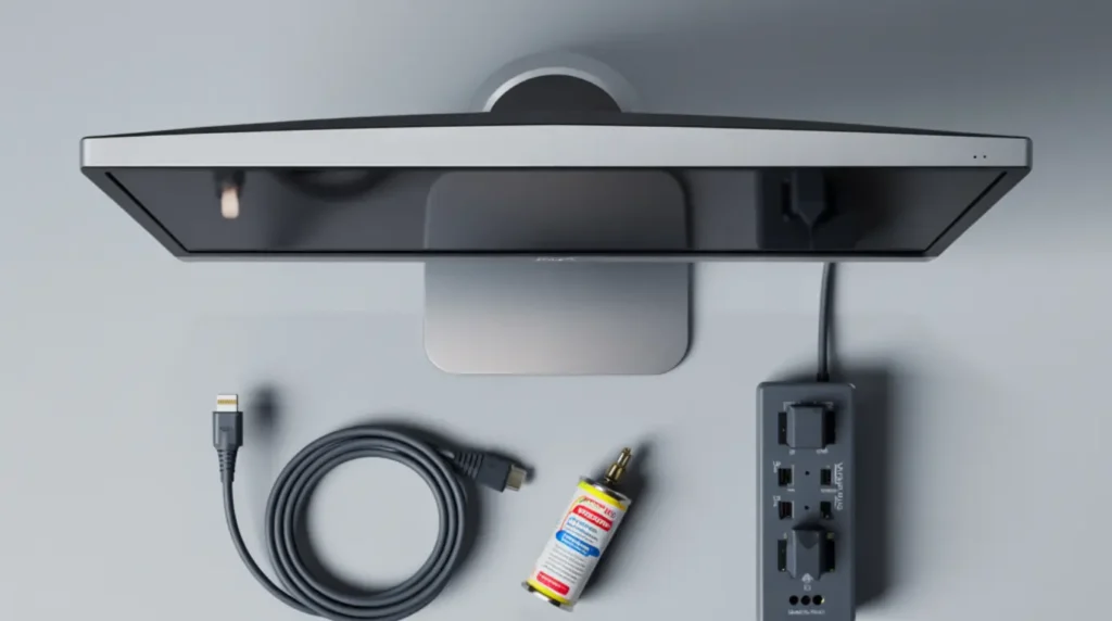 Overhead flat-lay of a desktop monitor with a DisplayPort cable, surge protector and compressed air showing prevention accessories for screen flickering.