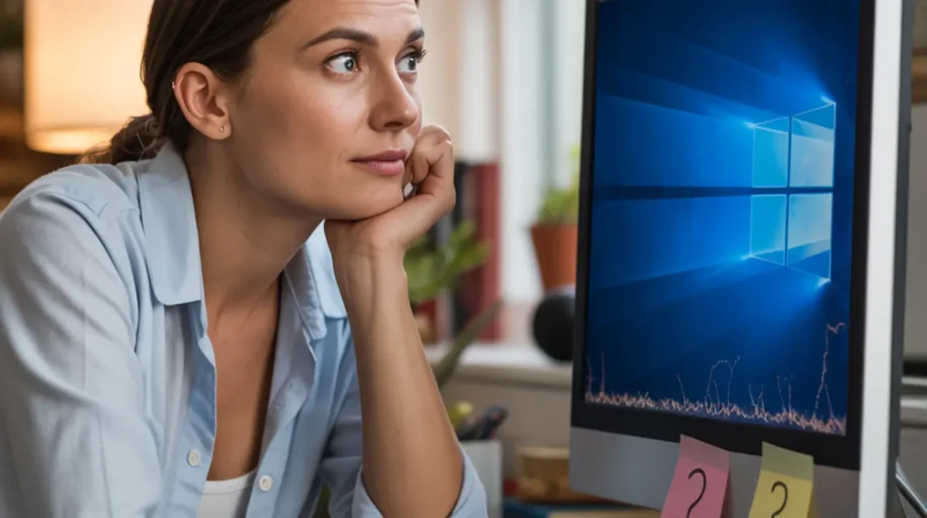 A woman at her desk looking thoughtfully at a desktop monitor with bottom screen flickering, representing common user questions about the issue.