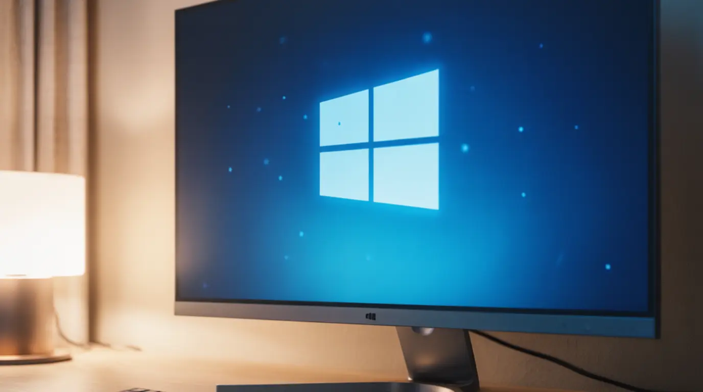 A desktop computer frozen on the Windows boot screen showing the spinning dots stopped, illustrating a computer stuck in boot screen.