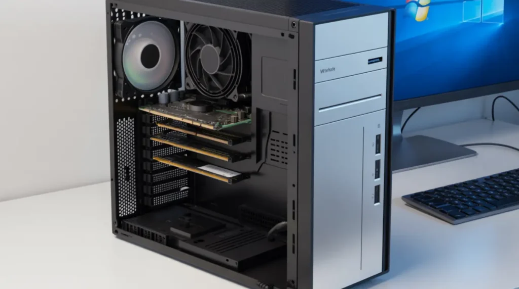 Open PC tower showing unseated RAM and a connected USB drive, two common causes of a computer stuck at the boot screen.