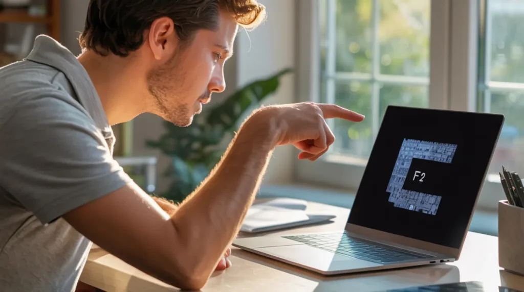 Person leaning toward a laptop frozen on a startup logo while preparing to press the BIOS key to diagnose a boot screen problem.
