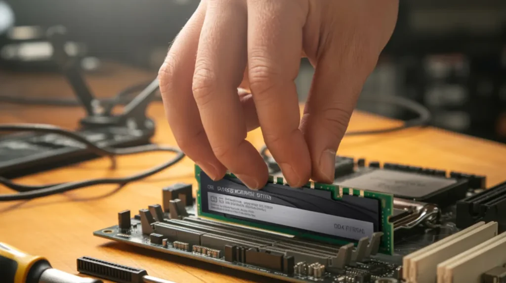 Hands reseating a RAM stick into a motherboard slot as part of fixing a computer stuck in boot screen.