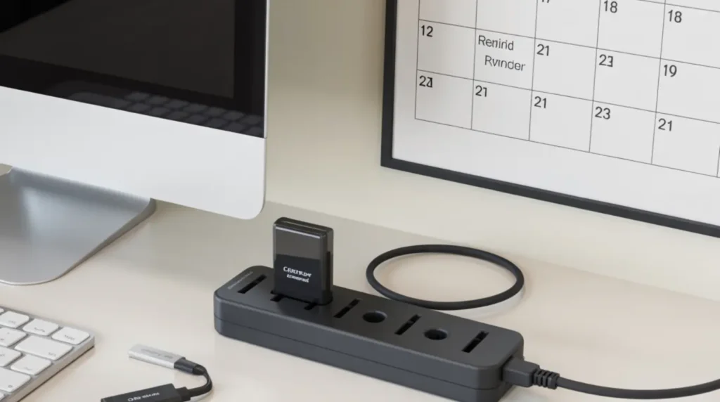 Laptop, surge protector, and capped USB drive arranged to illustrate best practices for preventing a computer stuck at boot screen.