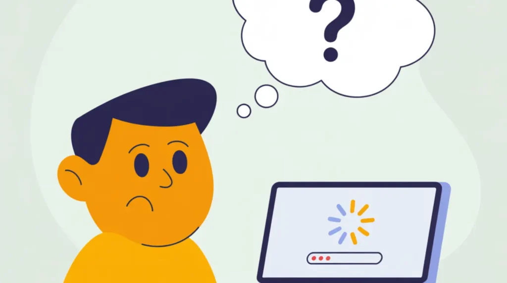 Illustrated person with a question bubble next to a frozen laptop screen, representing common questions about the boot screen problem.