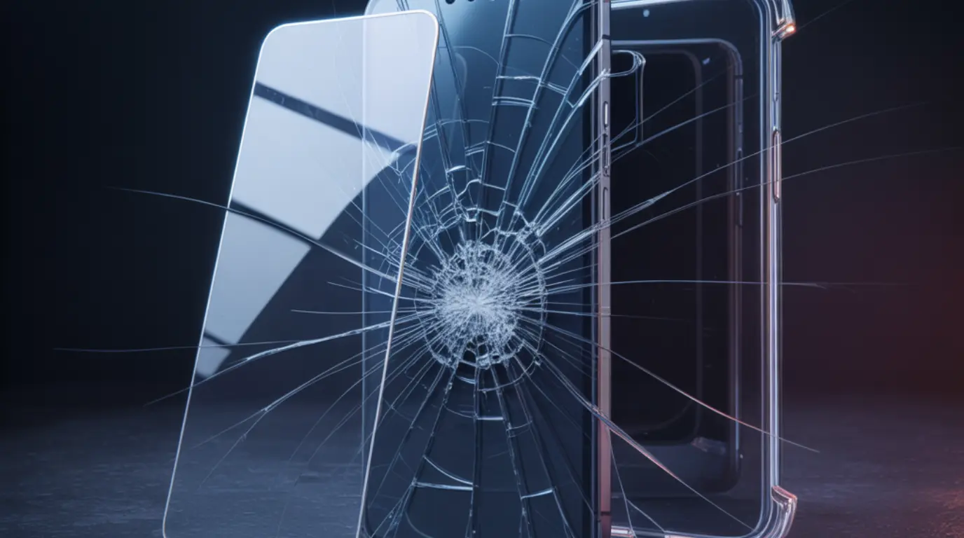 A cracked smartphone screen displayed alongside a tempered glass protector and case, highlighting the need for cracked screen prevention.