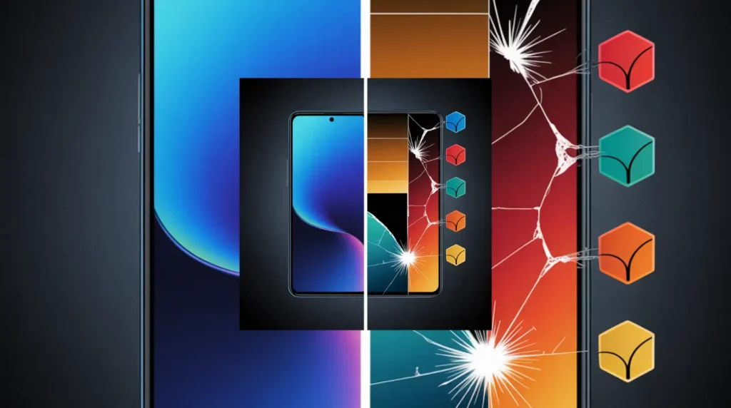 Split illustration comparing a healthy phone screen with five common cracked screen damage patterns including drops, pressure, and thermal stress.