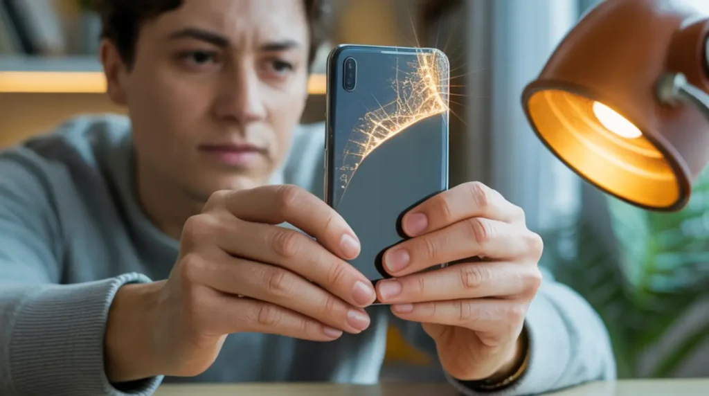 A person tilting a smartphone under a desk lamp to detect hairline screen fractures and diagnose display vulnerability at home.
