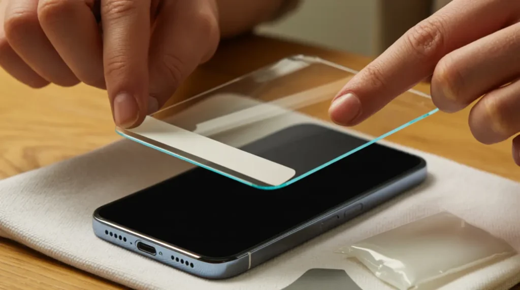 Hands carefully aligning a 9H tempered glass screen protector onto a smartphone as a key cracked screen prevention step.
