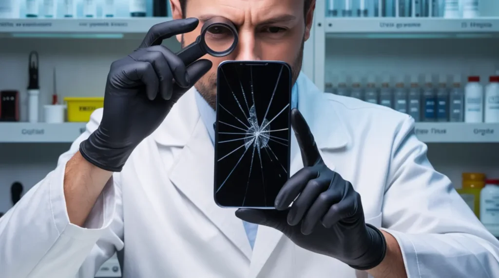A certified repair technician examining a cracked smartphone screen with a magnifying loupe in a professional device repair workshop.