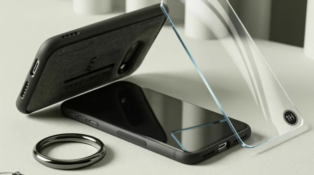 A smartphone displayed beside a shock-absorbing case, 9H tempered glass protector, and ring grip as essential cracked screen prevention accessories.