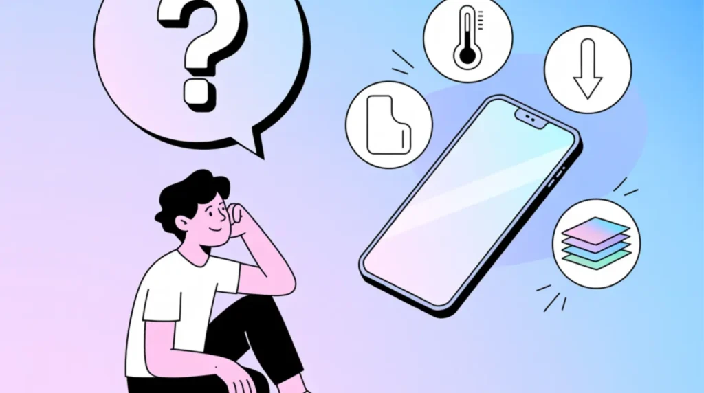 A flat illustration of a person looking at a question mark bubble beside a floating cracked smartphone, representing common screen prevention FAQs.