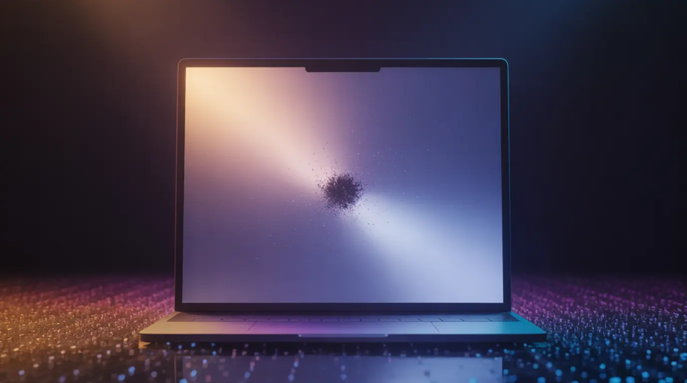 A close-up of a laptop screen showing a dead pixel as a small dark dot on an otherwise perfect display, illustrating the dead pixels on new laptop problem.