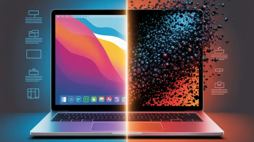 A split-screen comparison showing a healthy laptop display on the left versus a laptop screen with dead pixel defects and subpixel damage on the rig