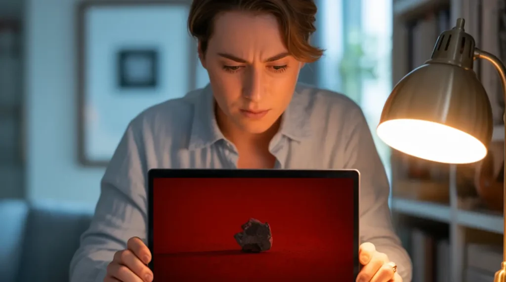 A person closely examining their laptop screen under a lamp, looking for dead pixels using a solid red background to make pixel defects clearly visible.