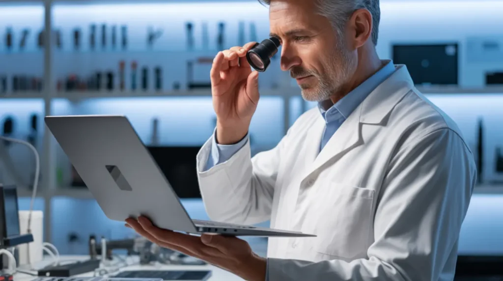 A professional laptop screen repair technician examining a display with a magnifying loupe, assessing dead pixel damage at a clean repair workbench.