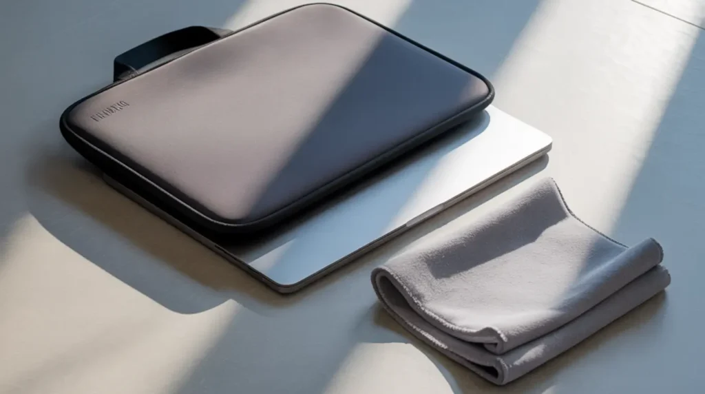 A laptop displayed alongside a protective sleeve and screen cleaning cloth, representing best practices for preventing dead pixels and display damage.