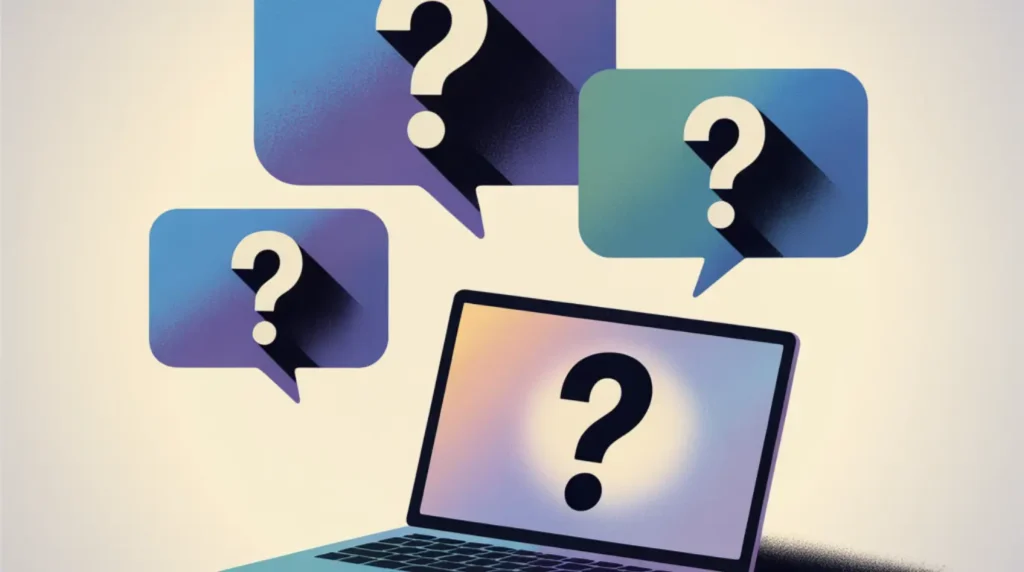 A laptop surrounded by floating question mark speech bubbles illustrating common questions about dead pixels on laptop screens and how to address them.
