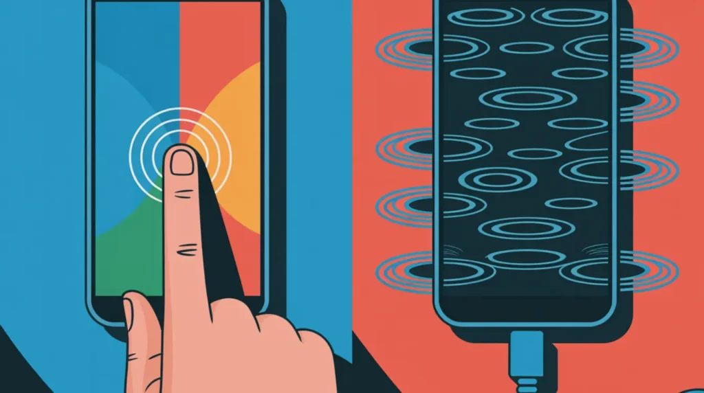 Split illustration comparing a normal smartphone touchscreen on the left versus a phone experiencing ghost touch interference from a faulty charger on the right.