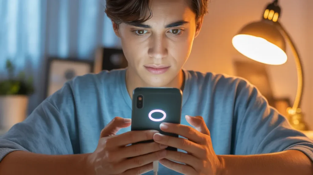 A person carefully examining a smartphone screen showing phantom touch symptoms while the phone is plugged in for charging on a desk.