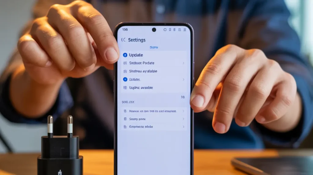Hands navigating phone settings to apply a software update as a fix for ghost touch screen behavior while charging.