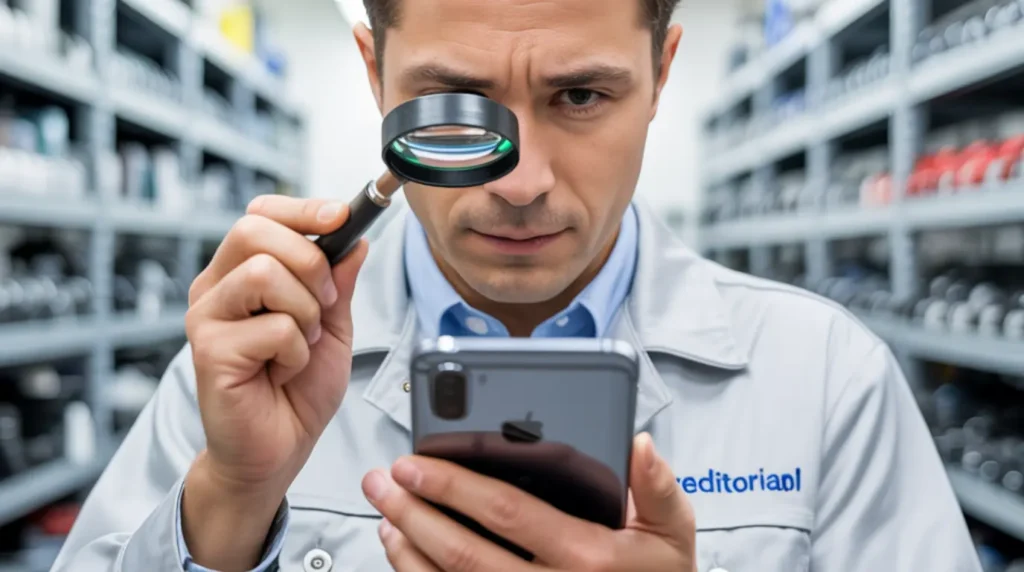 A professional technician using a magnifying loupe to inspect a smartphone digitizer for ghost touch hardware damage in a repair workshop.