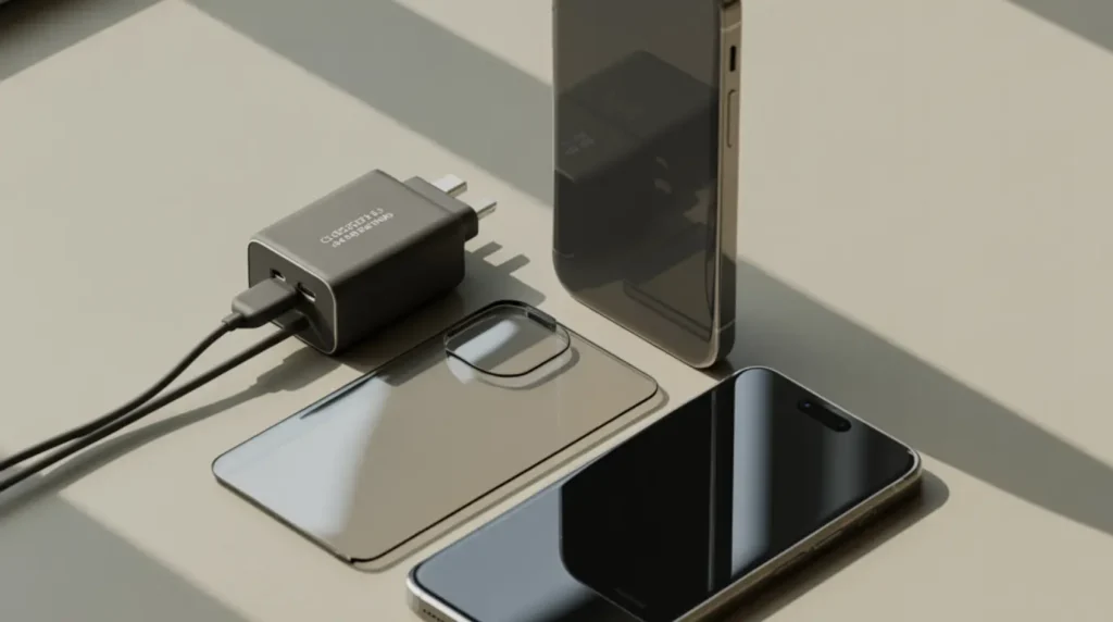 A smartphone displayed beside a certified charger, protective case, and tempered glass screen protector as prevention accessories against ghost touch issues.