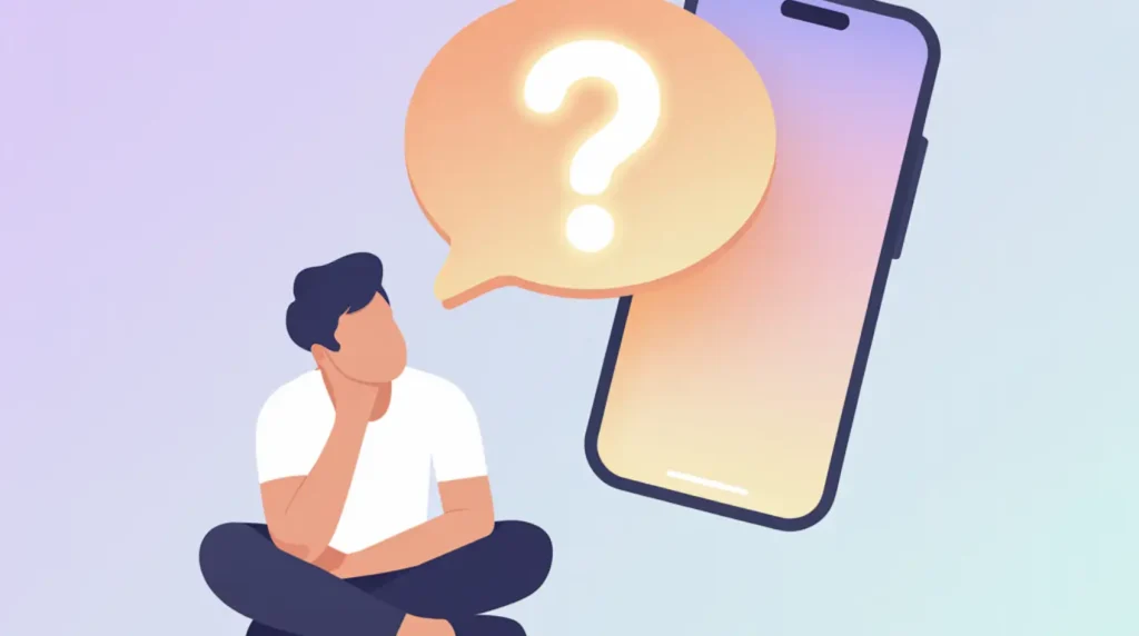 A flat vector illustration of a person looking at a question mark speech bubble beside a glowing smartphone for a ghost touch FAQ section.
