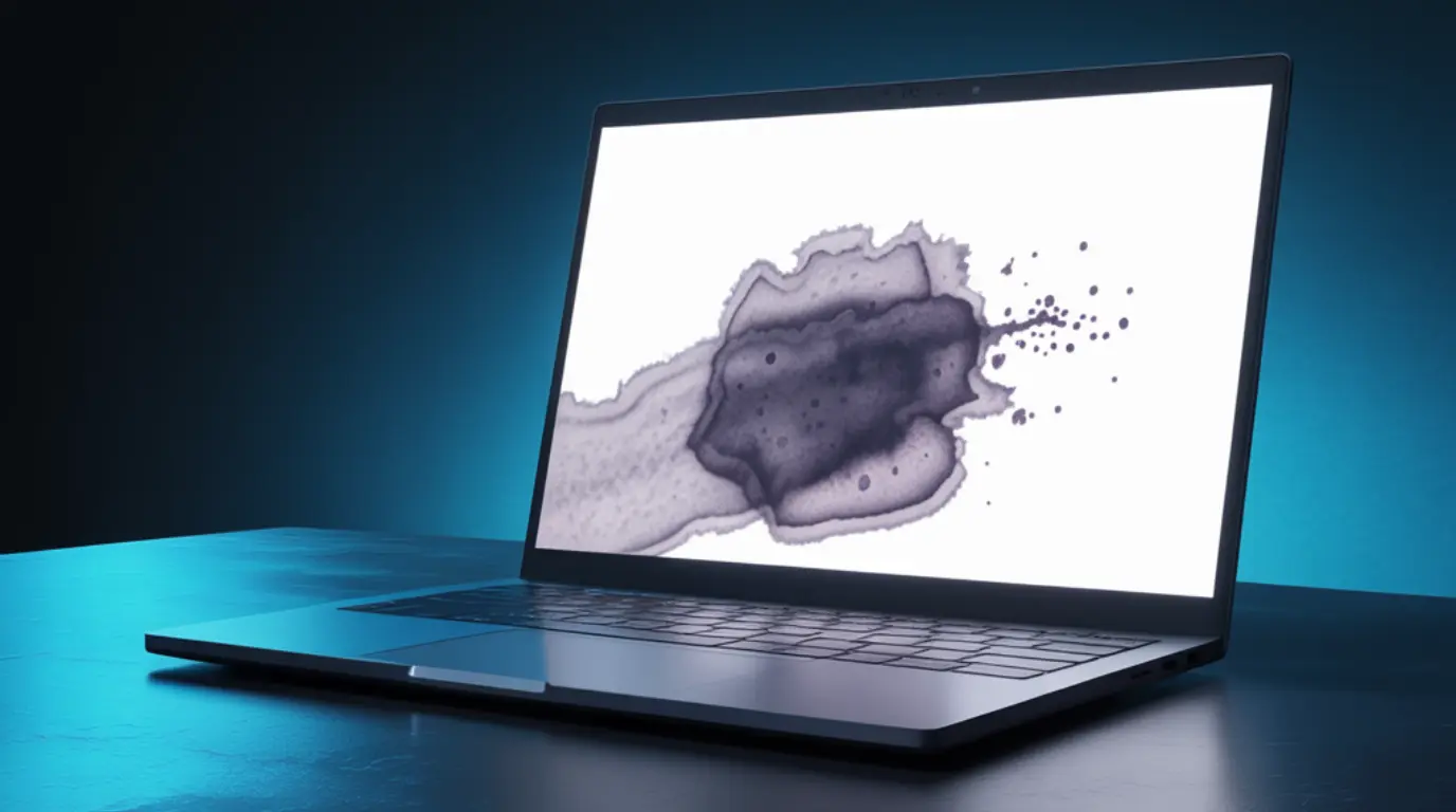 A laptop screen showing a dark pressure mark blotch on a white background, illustrating a typical laptop screen pressure mark.