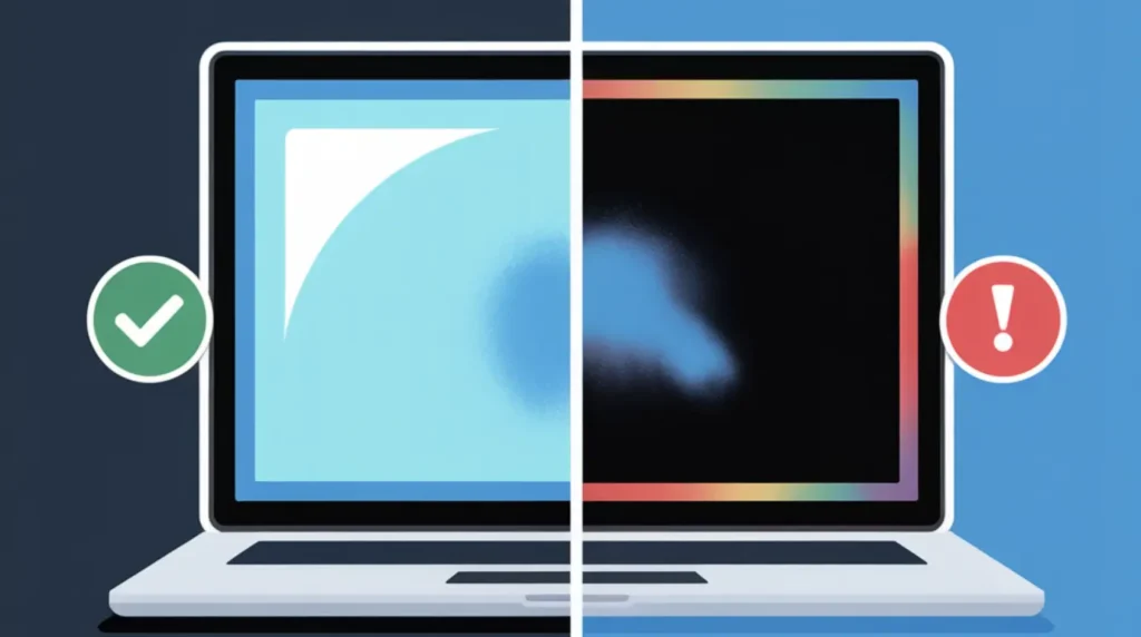 Split comparison showing a healthy laptop display on the left and a screen with LCD pressure damage marks on the right.
