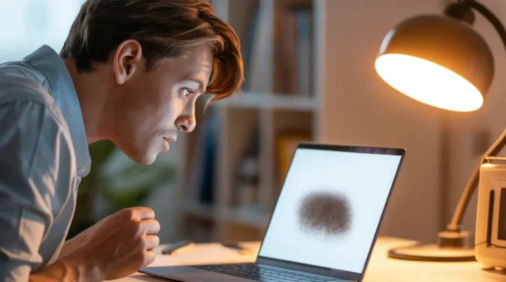 
A person carefully examining a laptop screen with a visible pressure mark, diagnosing the display damage at home.