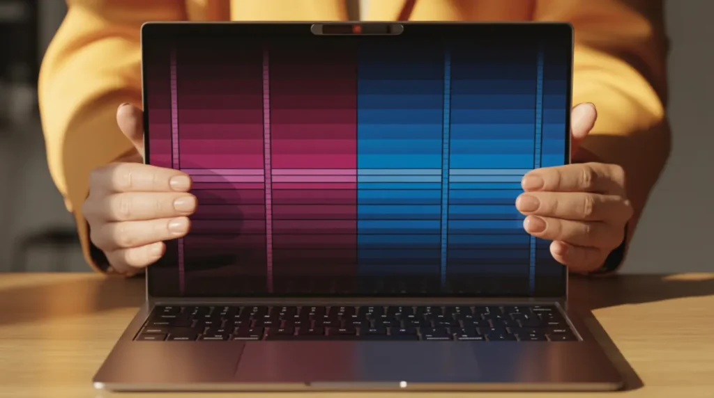 Hands holding a laptop running a color-cycling pixel fixer tool to fix laptop screen pressure marks at home.