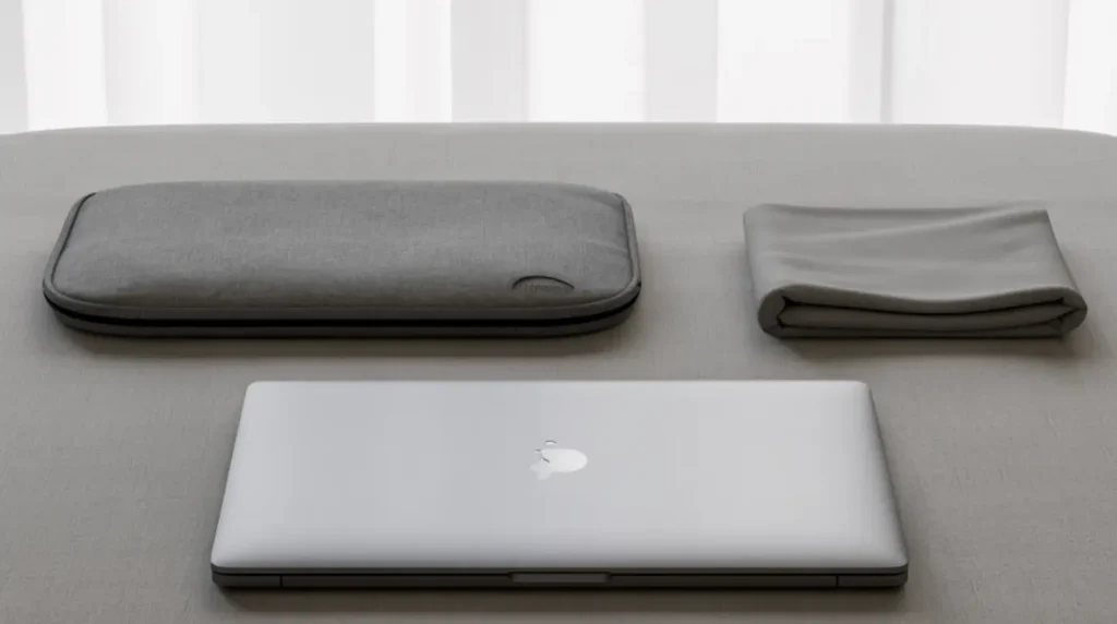A laptop displayed with a protective sleeve and microfiber cloth  accessories that prevent laptop screen pressure marks.