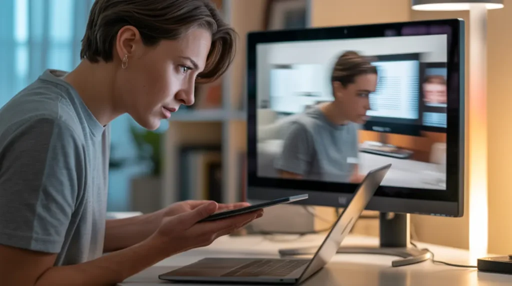 A person carefully examining a second monitor showing projection lag symptoms while diagnosing the display issue at their desk.